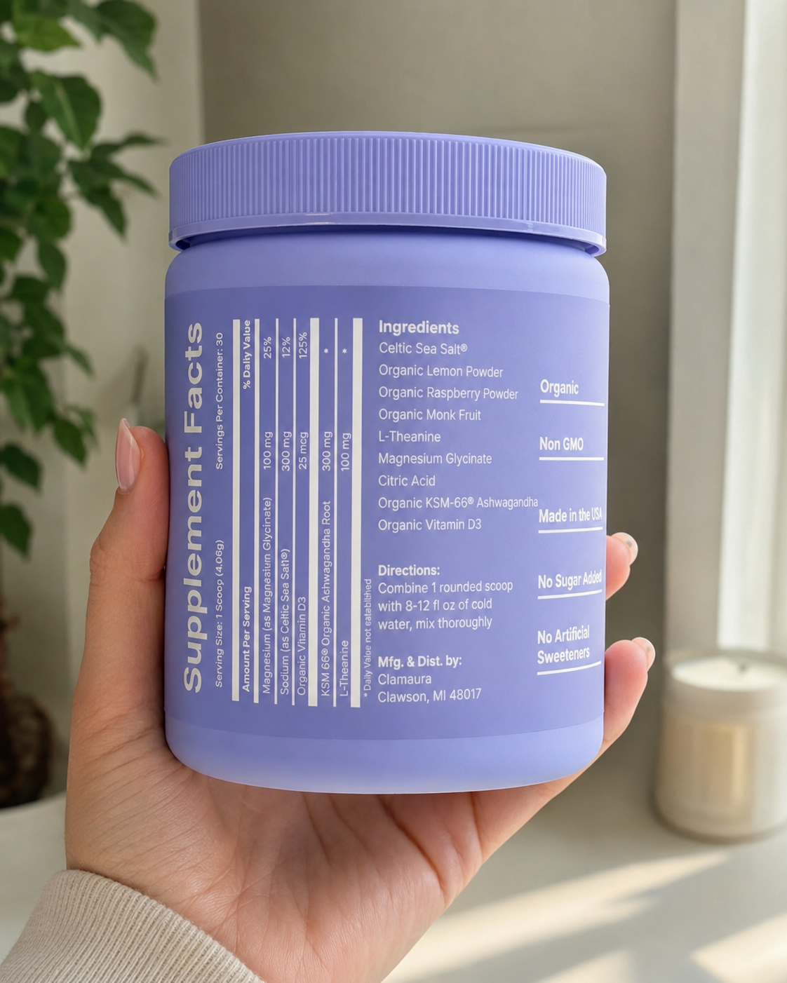 Calmaura — back-of-pouch label showing every ingredient and dose, on a brand lavender field.